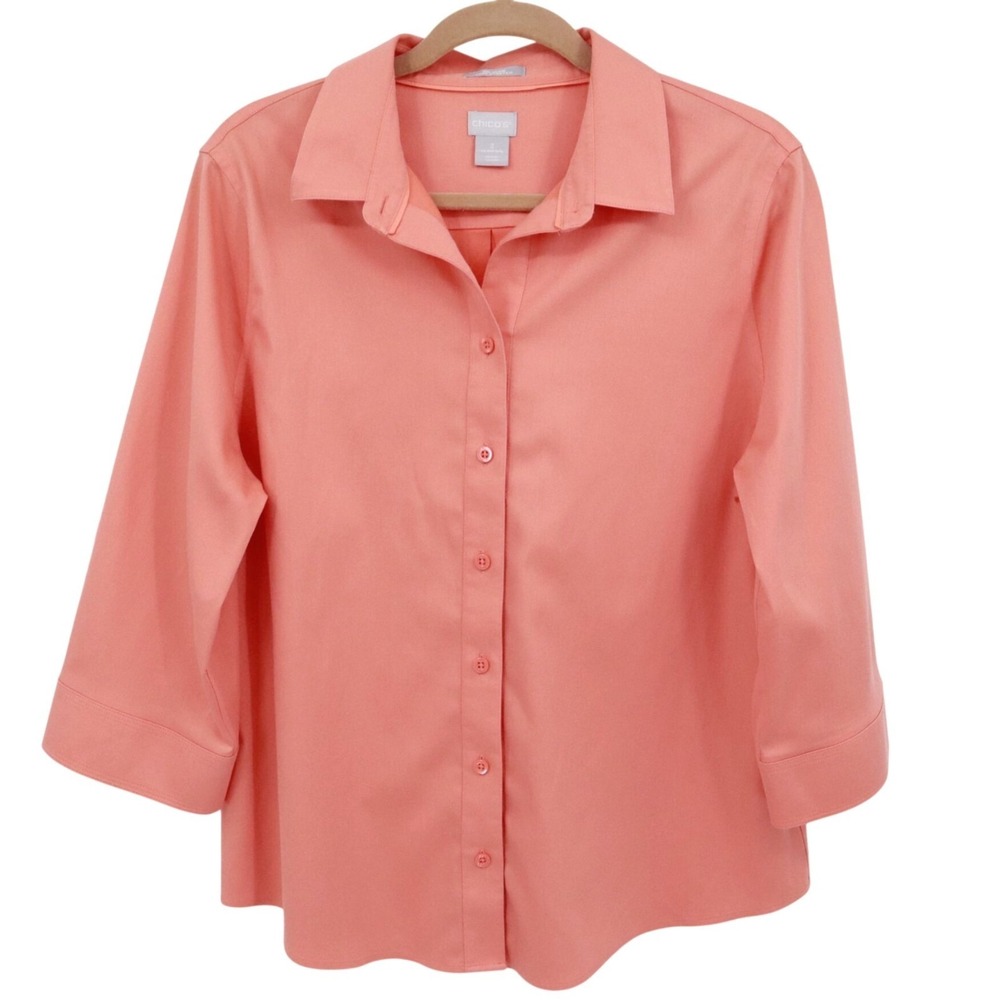 Chico's Stretch Shirt Womens 12/14 Peach Career Business Corporate Preppy Office